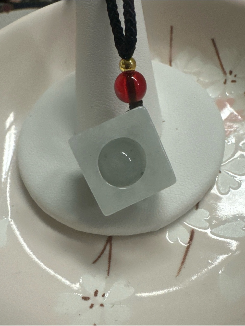 White Jade Square Pendant Necklace with Red Accent Bead